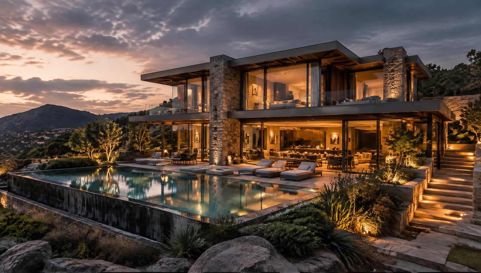 Contemporary luxury residence with infinity pool at dusk